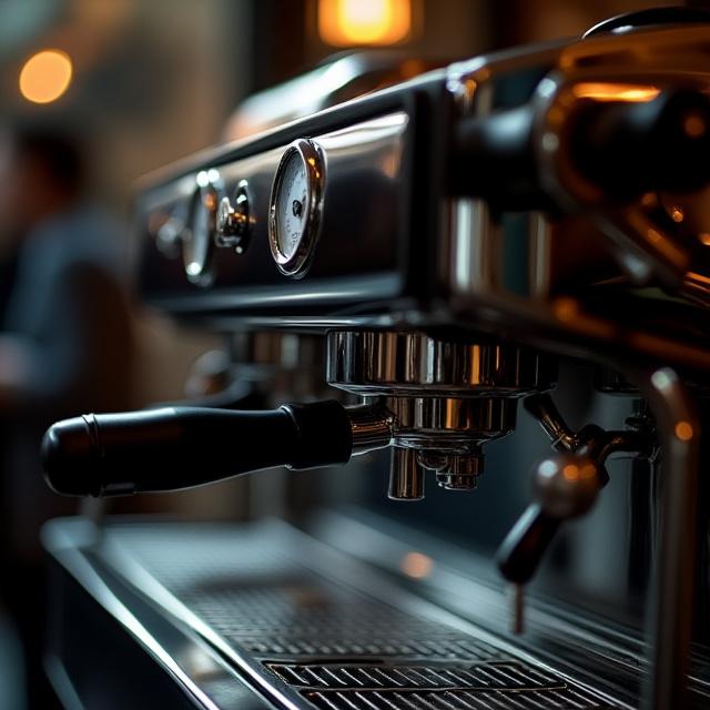 Glänzende Details einer professionellen Siebträgermaschine.