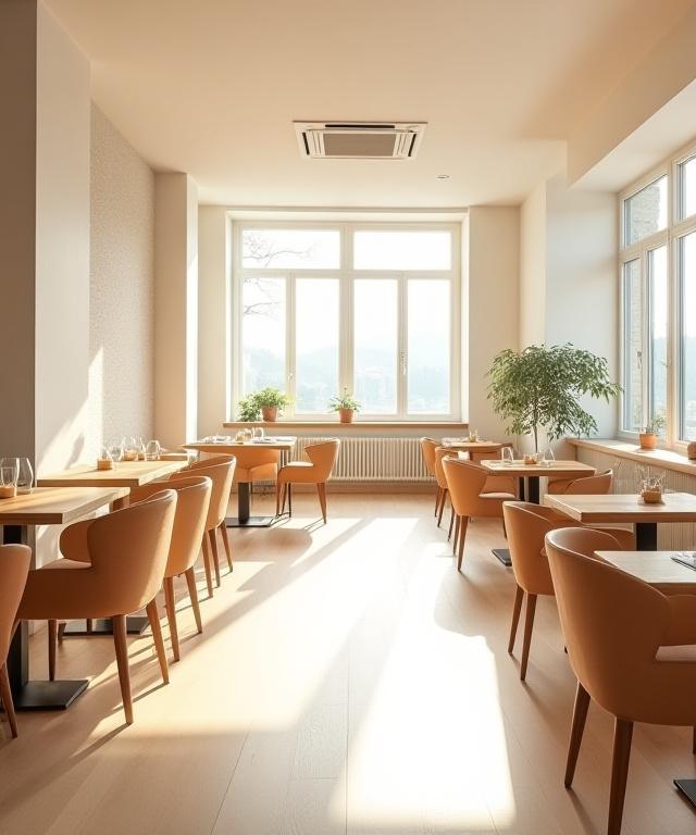 Das helle und einladende Interieur des Cafés Gipfelblick mit Holztischen und bequemen Stühlen.